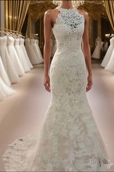 Sheath/Column Halter Sweep Train Lace Wedding Dresses